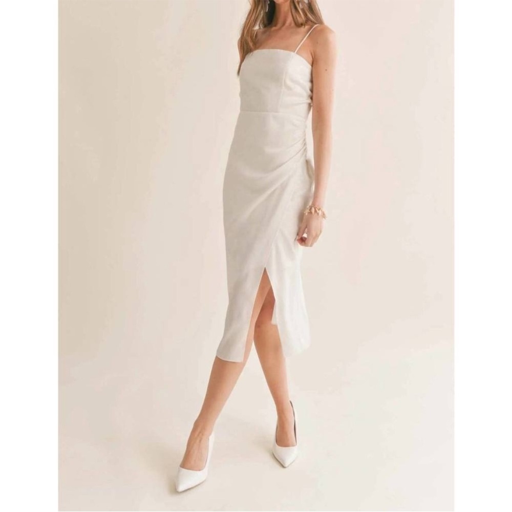 NEW SAGE THE LABEL white with gold shimmering side ruched midi dress size XS